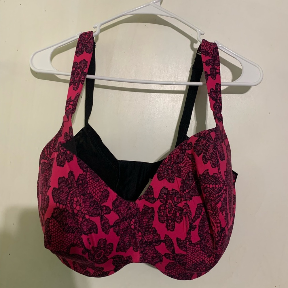 CACIQUE Pink Black Floral Print Padded Underwire Full Coverage Bra Size 42H